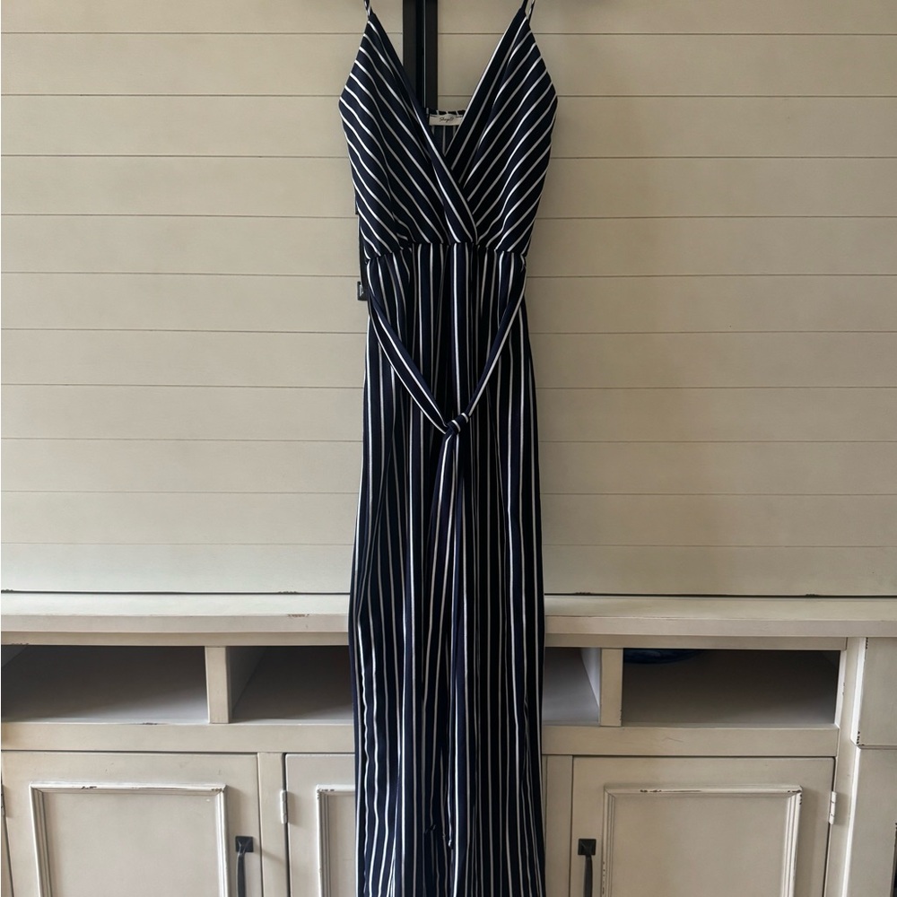 Navy and White Striped V-Neck jumpsuit